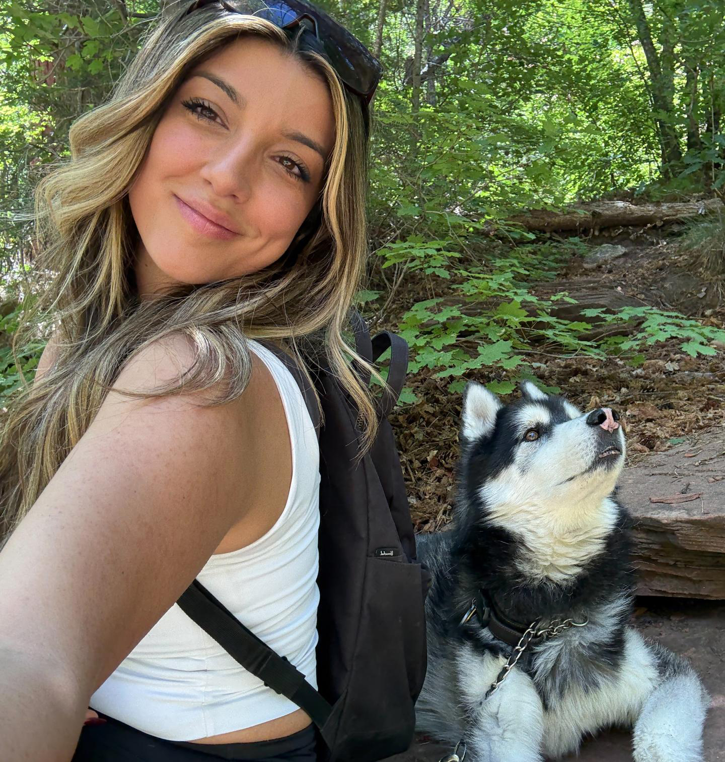 Maria with Harley outdoors